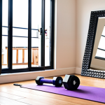 **Prompt:** A brightly lit home workout space with a yoga mat, dumbbells, a motivational poster, a mirror reflecting a person exercising, and a Bluetooth speaker playing music. Focus on creating a positive and inviting atmosphere.