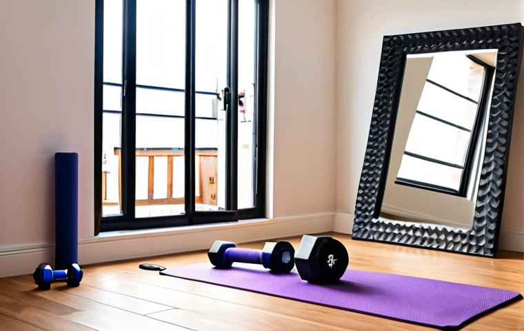 **Prompt:** A brightly lit home workout space with a yoga mat, dumbbells, a motivational poster, a mirror reflecting a person exercising, and a Bluetooth speaker playing music. Focus on creating a positive and inviting atmosphere.