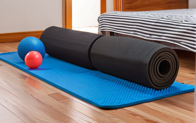 **Prompt:** Foldable foam roller collapsed and stored under a bed next to other home workout equipment (yoga mat, massage ball). Emphasize space-saving and organization in a small apartment setting.