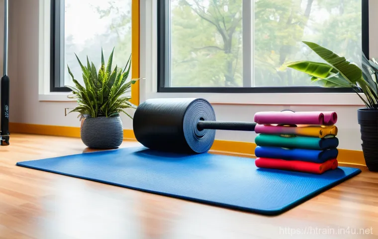 홈트 운동용 장비 추천 - A close-up, action-oriented shot of a man in his early 30s, demonstrating a resistance band exercise...