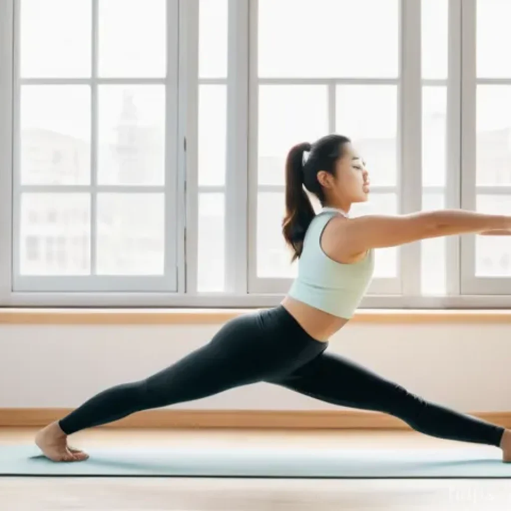 홈트 운동의 중요성 이해하기 - A bright and serene image of an East Asian woman in her late 20s, wearing a stylish yet comfortable ...