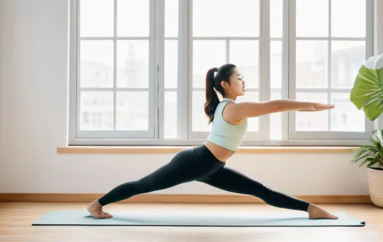 홈트 운동의 중요성 이해하기 - A bright and serene image of an East Asian woman in her late 20s, wearing a stylish yet comfortable ...