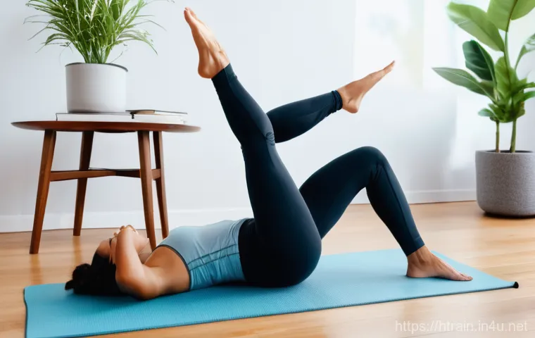 홈트 레그레이즈 - **Image Prompt 1: Focused Leg Raise for Lower Abs**
    A fit woman in her late 20s, wearing a comfo...
