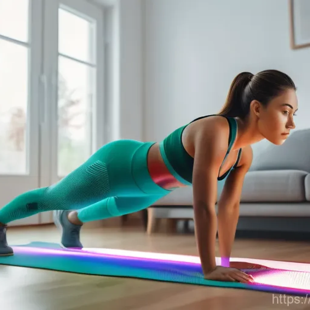 홈트 홈트레이닝 앱 추천 - A focused young woman in athletic wear (sports bra and leggings) is performing a plank exercise in a...