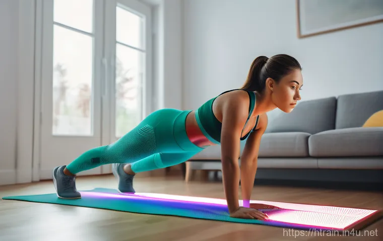 홈트 홈트레이닝 앱 추천 - A focused young woman in athletic wear (sports bra and leggings) is performing a plank exercise in a...
