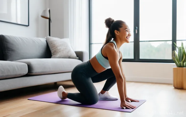 홈트 운동으로 체력 증진하기 - A diverse young woman in her late 20s, wearing a comfortable sports bra and high-waisted leggings, i...