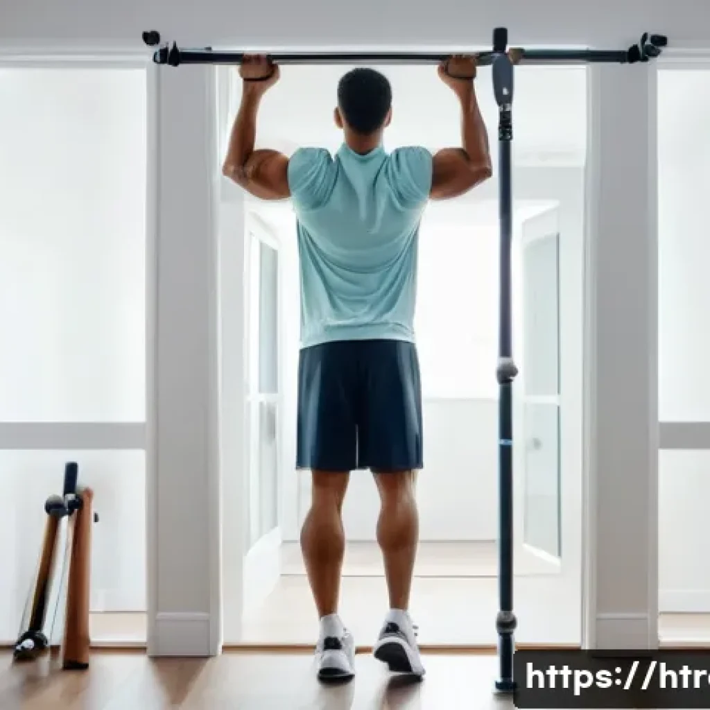 홈트 턱걸이 - **Home Workout with Door Frame Pull-Up Bar:** A fit, diverse young adult in their late 20s, wearing ...