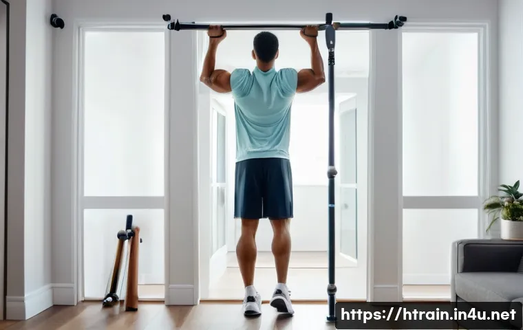 홈트 턱걸이 - **Home Workout with Door Frame Pull-Up Bar:** A fit, diverse young adult in their late 20s, wearing ...