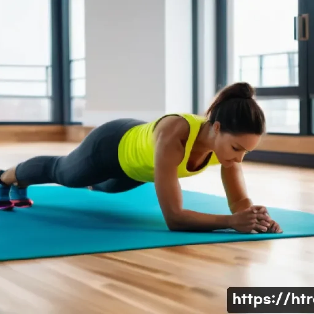 홈트 운동으로 얻은 신체적 변화 - A fit woman in her 30s performing a plank exercise in a bright, modern home gym setting, wearing sty...