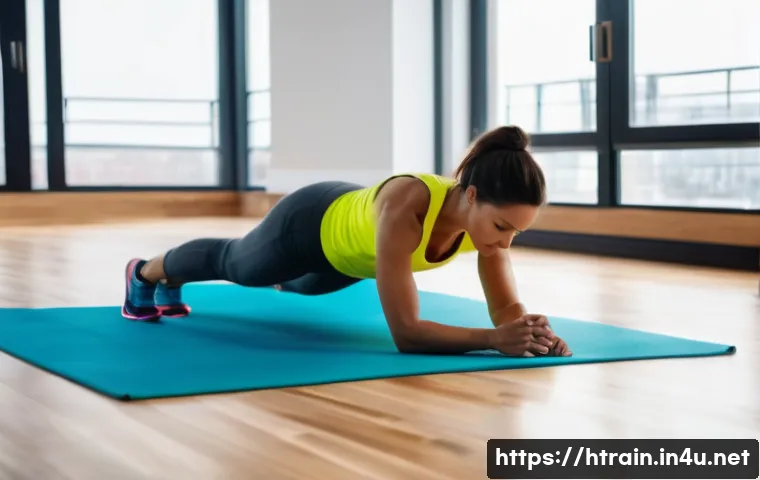 홈트 운동으로 얻은 신체적 변화 - A fit woman in her 30s performing a plank exercise in a bright, modern home gym setting, wearing sty...