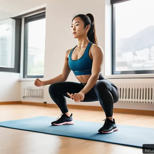 Home 32 홈트 하체 운동 - A fit young woman performing a perfect squat in a bright, modern home gym setting, wearing comfortab...