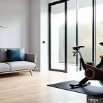 Home 19 홈트 운동 기구 - A bright, modern home gym setup featuring a compact indoor exercise bike and a foldable walking pad ...