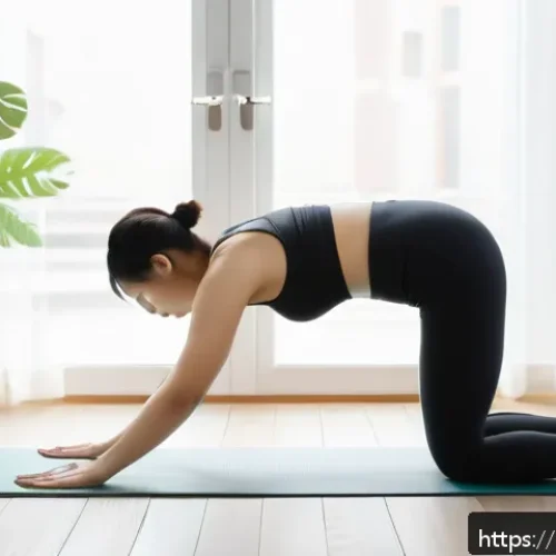 Home 17 홈트 효과적인 운동 - A woman in comfortable athletic wear performing a cat-cow yoga stretch on a soft exercise mat in a b...