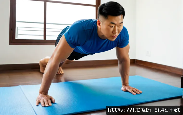 홈트 푸쉬업 - Photorealistic home workout scene, fit adult man wearing a modest athletic T-shirt and shorts perfor...